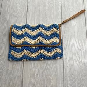 Shiraleah Woven Crocheted Blue & Tan Chevron Jute Clutch Bag